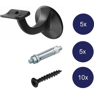 Trapleuning Houder Zwart - Keilbout Bevestiging - Hol Zadel - 5 stuks - 3501-70 - Inclusief Bevestigingsmateriaal
