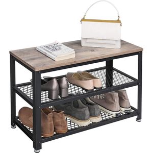 Acaza Schoenenrek - Hout - Metaal - Industrieel - 73x30x45cm - Zwart - Greige