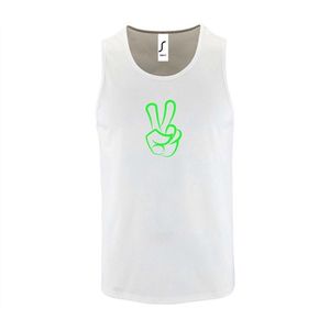 Witte Tanktop sportshirt met ""Peace / Vrede teken"" Print Neon Groen Size XXL