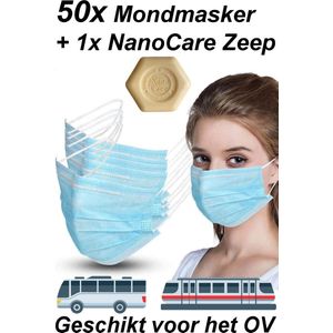 50x Mondkapjes gemaakt van 100% Katoen + 1x Nanocare® Zilver Handzeep | Wasbaar – Mondmasker – Mondkapje – Niet Medische Mondkapjes - Face Mask - Mond Masker - Mouth Mask - Mond Kapjes - Geschikt voor OV: Trein of Bus | 50 Stuks Mondmaskers |
