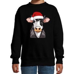 Bellatio Decorations Kersttrui / sweater boerderijdieren - kinderen - Koe - zwart - kerstmuts - Kerstmis 98/104