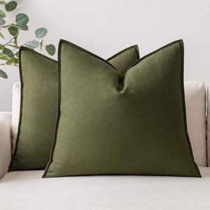 Set van 2 Effen Kussenslopen - Linnen en Katoen, 50 x 50 cm, Wasbaar, Decoratief voor Woonkamer en Slaapkamer, Olijfgroen