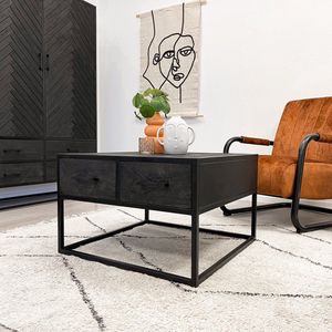 HUUS Salontafel Floor - Vierkant - Visgraat - Zwart - Mangohout - 72x70x45 cm - met 2 lades