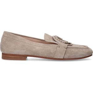 Manfield - Dames - Beige suède loafers met goudkleurig detail - Maat 42