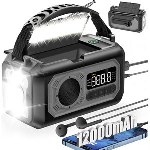 Draagbare noodradio - 12000mAh 2 zonnepaneelen, Zonnesolar/handkraan, AM/FM, telefoonlader, LED zaklamp, SOS-alarm, Geschikt voor kamperen, buiten, nood (Grijs)