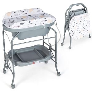 Baby Verschoontafel met Badkuip, Draagbaar Kinderdagverblijf Station met PVC Pad, Badkuip, Opbergbakje, Opvouwbaar Luier Verschoon Station met 4 Universele Wielen voor Pasgeboren Baby & Zuigeling