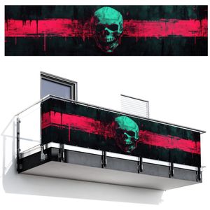 Balkonscherm 500x120 cm - Balkonposter Schedel - Cyberpunk - Neon Rood - Balkon scherm decoratie - Balkonschermen - Balkondoek zonnescherm