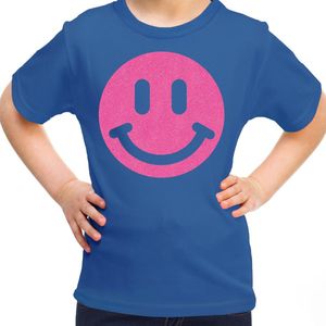 Bellatio Decorations T-shirt voor meisjes - smiley - blauw - kinderen 122/128