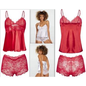 Satijnen shortama met doorzichtig kanten broekje -Verleidelijke kanten pyjama - Prachtige lingerie set - DKaren Nevada - rood S
