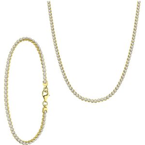 Lucardi Dames Zilveren goldplated set ketting en armband zirkonia - Cadeau - Moederdag Set - 925 Zilver - Goudkleurig