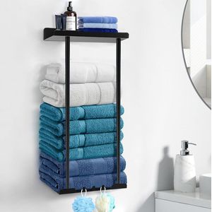Handdoekhouder zonder boren – uittrekbaar handdoekenrek zelfklevend met plank, badhanddoekhouder om te lijmen voor badkamermuur, zwart mat 75 cm