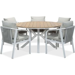 LUX outdoor living Calgary wit dining tuinset 7-delig | polywood + touw | 144cm rond | 6 personen