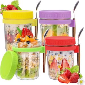 Glazen mueslibeker om mee te nemen, met lepel, 400 ml, yoghurtbeker, overnight oats-glazen, luchtdichte container voor yoghurt, muesli, Mepal pap, melk, vruchten (kleurrijk)