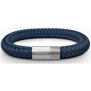 ARMBND® Heren armband - BANNER KLAAR MEE - - Navy Blauw Touw met Zilver Staal - Armand heren - Maat M/L - 22 cm lang - The original - Touw armband