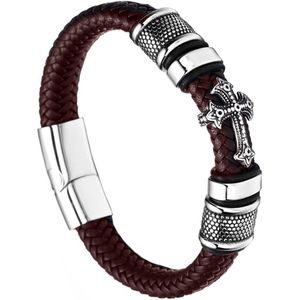 Victorious Gevlochten Leren Armband Heren – Bruin Leer – Zilver - 21cm