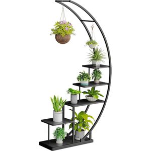 Candala 5-traps metalen plantenstandaard in halve maanvorm, 172 cm, plantenrek met 5 planken en haken, hoge bloemenstandaard, plantentrap met kantelbeveiliging voor balkon, woonkamer, terras (1 stuk)