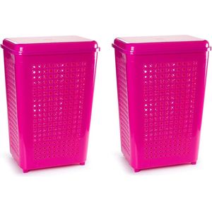 2x stuks grote wasmand/opberg mand met deksel 50 liter in het fuchsia roze - Kunststof - 41 x 31 x 61 cm - Wasmanden