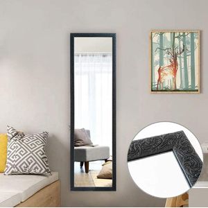 Grote spiegel, 127 x 35,5 cm, wandspiegel in barokstijl met patroon, zwart frame, HD full-body spiegel met haak en achterwand voor deur, woonkamer, slaapkamer en kleedkamer, zwart