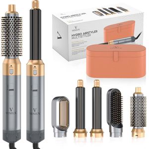 VENEUX® Föhnborstel - Airstyler - Krulborstel - Warmteborstel - 5 in 1 Multistyler - Met Opbergcase - Grijs Met Goud