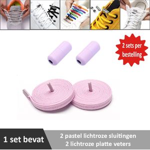 2 paar lichtroze platte elastische veters met pastel lichtroze sluitingen. Je hoeft voortaan nooit meer je veters te strikken.