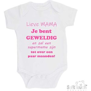 100% katoenen Romper ""Lieve MAMA je bent geweldig en zal een supermama zijn. Tot over een paar maanden!"" Meisjes Katoen Wit/roze Maat 62/68