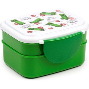 Bentobox/Lunchbox - Minecraft Creeper TNT - SSS. . . BOOM - Wit&Groen - Bestek - 9x15,5x14cm