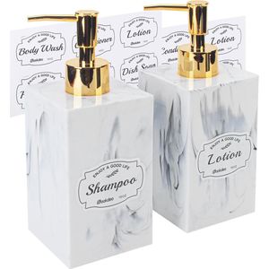 Marmeren flessen - 17oz set van 2 gouden pompen en waterdichte labels - perfect voor aanrecht, douche en badkameropslag voor shampoo, zeep, lotion - wit