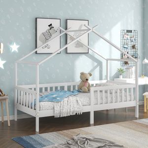 Kinderhuisbed - eenpersoonsbed met dak en hek - houten bedframe voor kinderen, tieners, meisjes en jongens - Hoge voeten Valbeveiligingsbed -wit 90x200cm