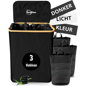 BambiClean Wasmand 3 Vakken - Wassorteerder 145L - 100% Bamboe Wasmand met Deksel - Katoen