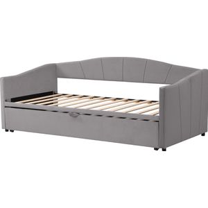 Merax Uitklapbaar Slaapbank 90/180x200 cm - Grijs Velvet Stoffen Bed met Lattenbodem en Opbergruimte