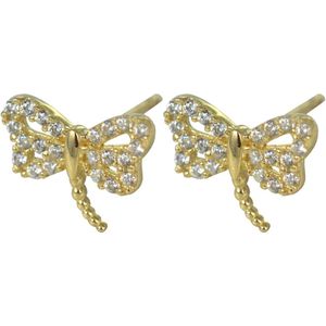Silventi 9NBSAM-G200095 Gouden Oorknopjes - Dames - Libelle - Dragon Fly - Zirkonia - 7 x 8,8 mm - 14 Karaat - Goud