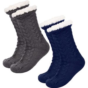 JAXY Huissokken - Huissokken Dames en Heren - Verwarmde sokken - Anti Slip Sokken - Fleece Sokken - Dikke Sokken - Fluffy Sokken - Slofsokken - Warme Sokken - Bedsokken - Gevoerde Sokken - Winter Sokken - 2 Paar - Grijs + Blauw