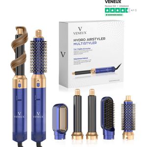 VENEUX® Föhnborstel - Airstyler - Krulborstel - Warmteborstel - 5 in 1 Multistyler - Blauw Met Goud - 2025 Editie