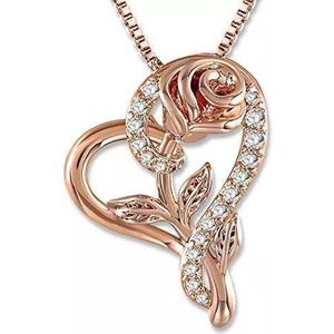 Rose Gold Hart Bloem Ketting - Zirkonia Kristal - 40cm + 5cm