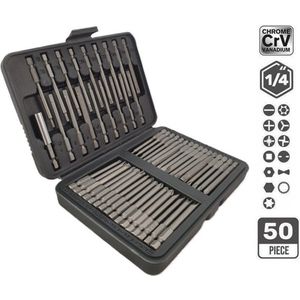 LB-Tools Bit set extra lang 50-delig bitset Chroom Vanadium CRV Torx, Inbus, Veeltand, Sleuf, Vierkant, Phillips, Pozidriv, Tri-Wing, Torq, Clutch, Spanner en Resistorx