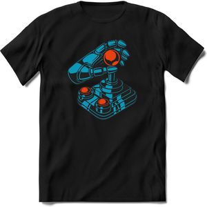 Retro Joystick | Gaming kado T-Shirt heren - dames | Blauw-Oranje | Perfect game pc cadeau shirt | Grappige console spreuken - zinnen - teksten Maat M