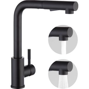 CECIPA max Keukenkraan Met Uittrekbare Uitloop - keukenkraan uittrekbaar Zwart - Keukenmengkraan - 360° draaibare keukenkraan van roestvrij staal - 2 straalsoorten - inclusief aansluitinge -Waterbesparende keuken kraan