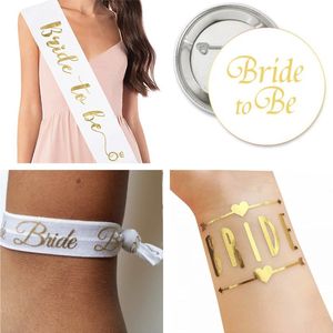 4-delige Vrijgezellenfeest set Bride to Be wit met goud met sjerp button armband en tatoeage - vrijgeellenfeest - bride to be - bruid - trouwen - sjerp