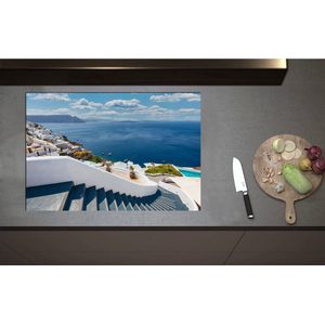 Inductieplaat Beschermer - Blauwgekleurde Trap naar de Zee bij Grieks Dorp - 80x55 cm - 2 mm Dik - Inductie Beschermer - Bescherming Inductiekookplaat - Kookplaat Beschermer van Wit Vinyl