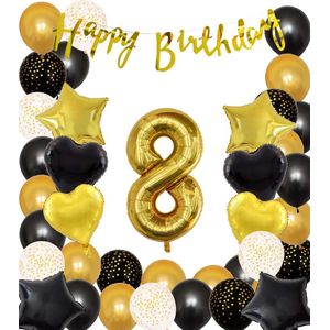 Snoes Ballonnen 8 Jaar Black Gold Dots Mega Ballon - Compleet Feestpakket Goud Zwart Stippen Cijferballon 8 - Verjaardag Versiering DIY Slinger Happy Birthday – Folieballon – Latex Ballonnen - Helium Ballonnen