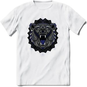 Beer - Dieren Mandala T-Shirt | Donkerblauw | Grappig Verjaardag Zentangle Dierenkop Cadeau Shirt | Dames - Heren - Unisex | Wildlife Tshirt Kleding Kado | - Wit - S