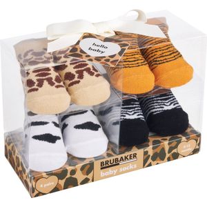BRUBAKER 4 Paar Babysokken voor Jongens en Meisjes 0-12 Maanden - Babyshower - Cadeau - Baby Geschenkset voor Pasgeborenen in Geschenkverpakking met Strik - Safari