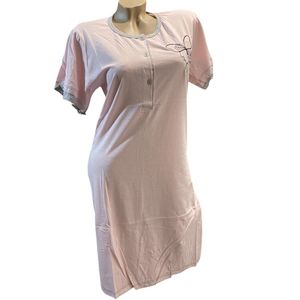 Dames katoenen nachthemd korte mouw L 34-36 grijs/roze