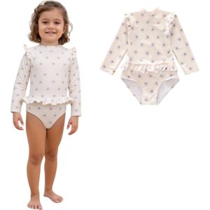 Joya Kids® Badpak Lange Mouw Gebroken Wit met Bloemen print met Ruches Meisjes | Zwempak met ruches UV Badpak Madeliefjes | Zwempak Lange Mouw UV Bescherming | Meisje Bikini Zomer | Kinderbadpak Peuter | Maat S | 2-3 Jaar