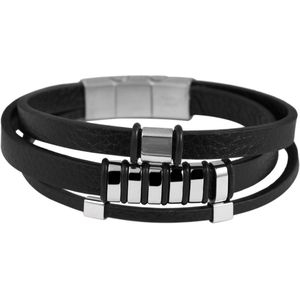 Akzent heren armband van echt leer met roestvrij stalen elementen zwart/zilver 23cm.