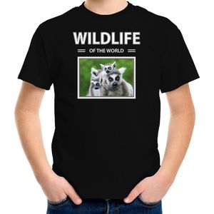 Dieren foto t-shirt Ringstaart maki - zwart - kinderen - wildlife of the world - cadeau shirt Ringstaart makis liefhebber - kinderkleding / kleding 134/140