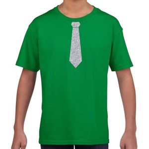 Groen fun t-shirt met stropdas in glitter zilver kinderen - feest shirt voor kids 110/116