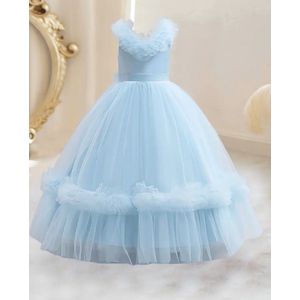 tutu jurk-effen jurk met tule- lange tule jurk met ceintuur-feestjurk-galajurk-bruidsjurk-prinsessen jurk-bruidsmeisjes-bruiloft -verjaardag- fotoshoot- hemelsblauw- 7-8 jaar