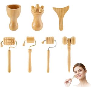 Houten therapie gezichtsmassage-instrumenten (set van 7), houten Gua Sha gezichtsmassage-apparaatset voor facelifting, lymfedrainage, huidverzorging