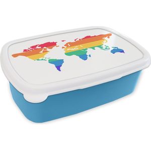 Broodtrommel Blauw - Lunchbox - Brooddoos - Wereldkaart - Pride vlag - Regenboog - 18x12x6 cm - Kinderen - Jongen